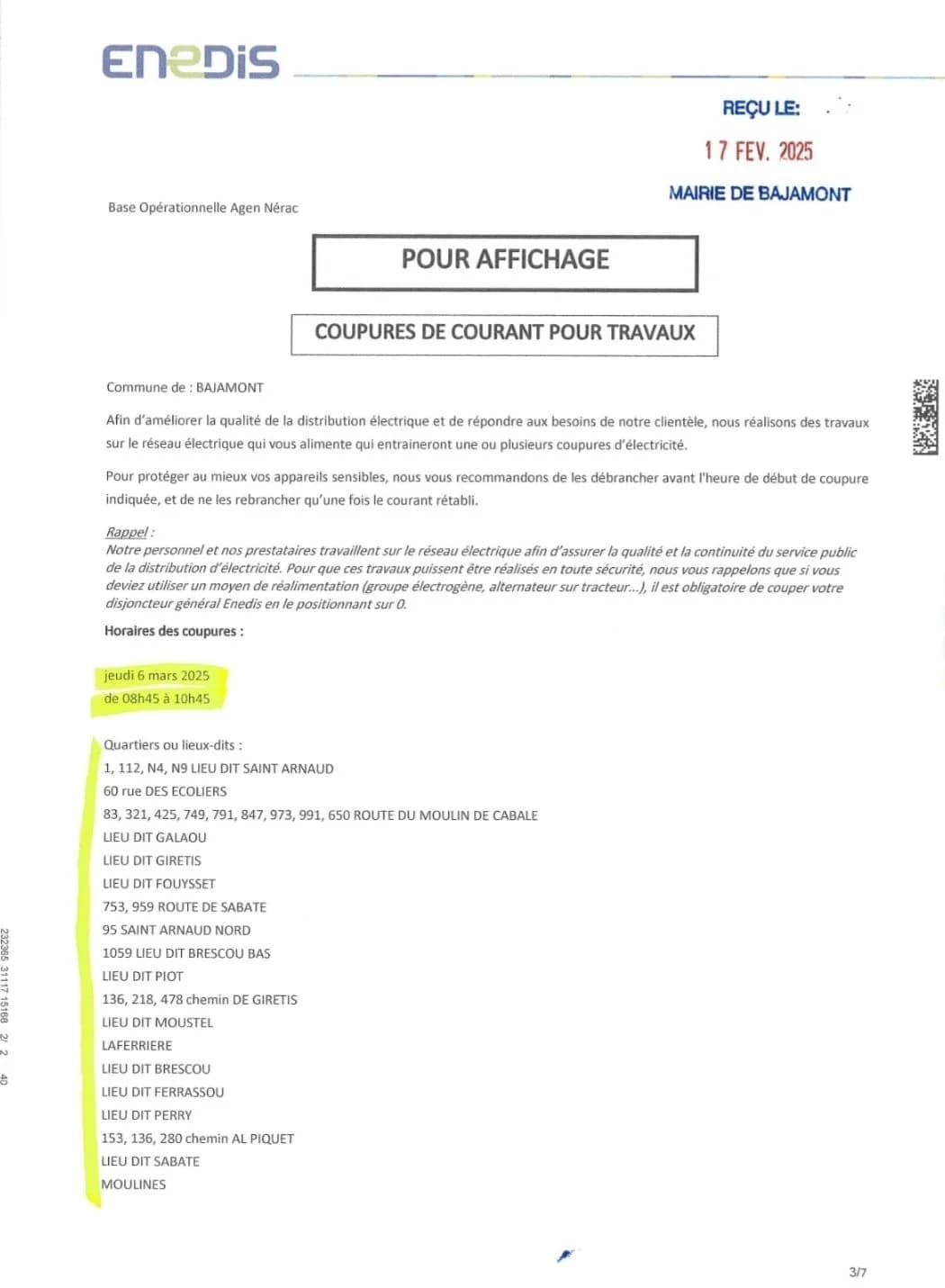 COUPURES DE COURANT POUR TRAVAUX